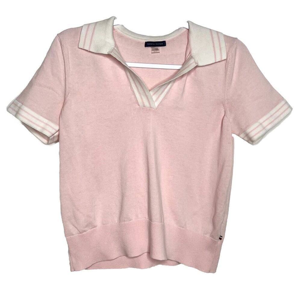 Pink Tommy Hilfiger Short Sleeve Knit Collared V Neck‎ Top Barbiecore Golf Sz L
